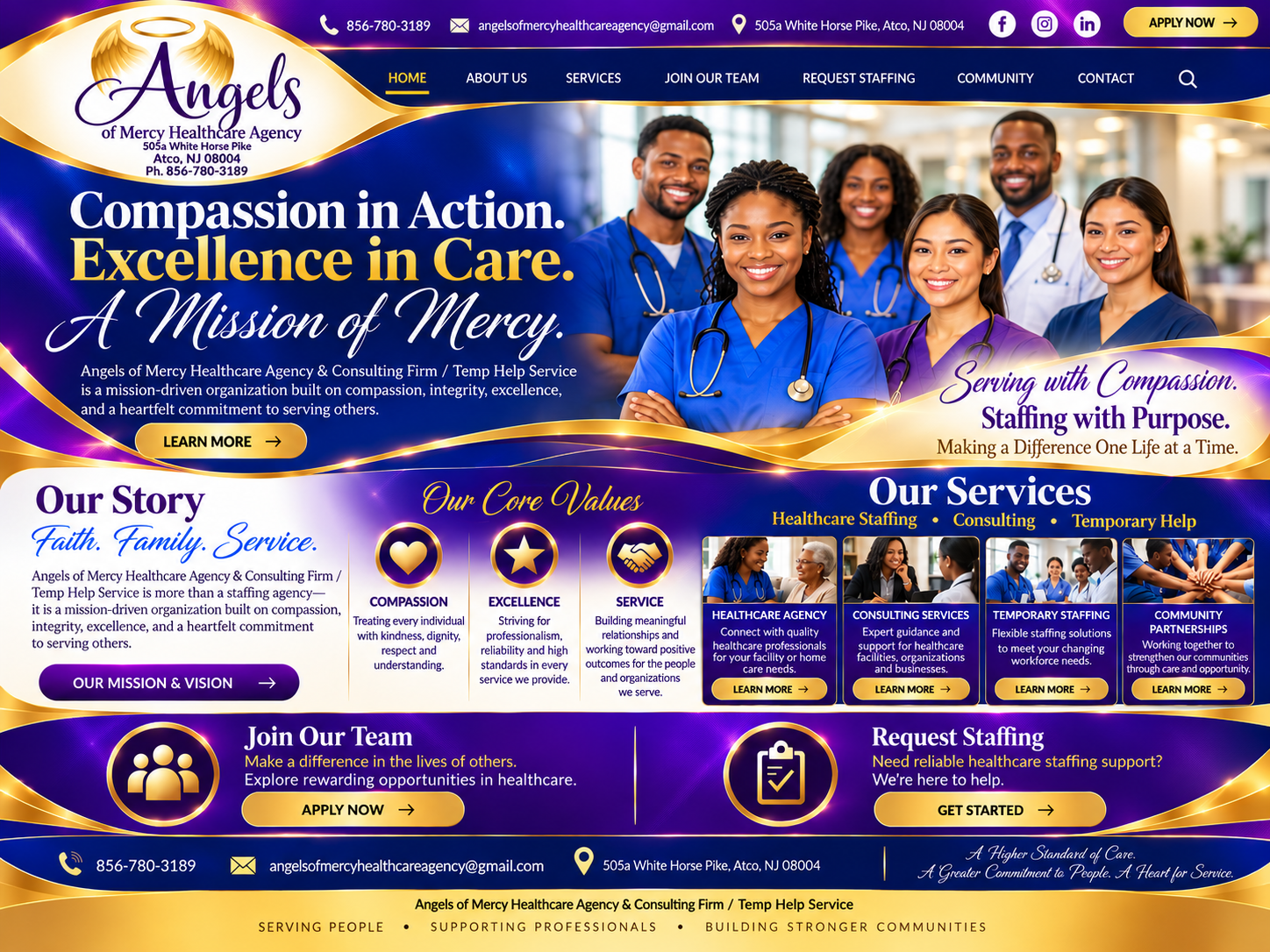 Angels of Mercy Healthcare Agency luxury homepage featuring multicultural healthcare professionals, services, values, staffing and contact information